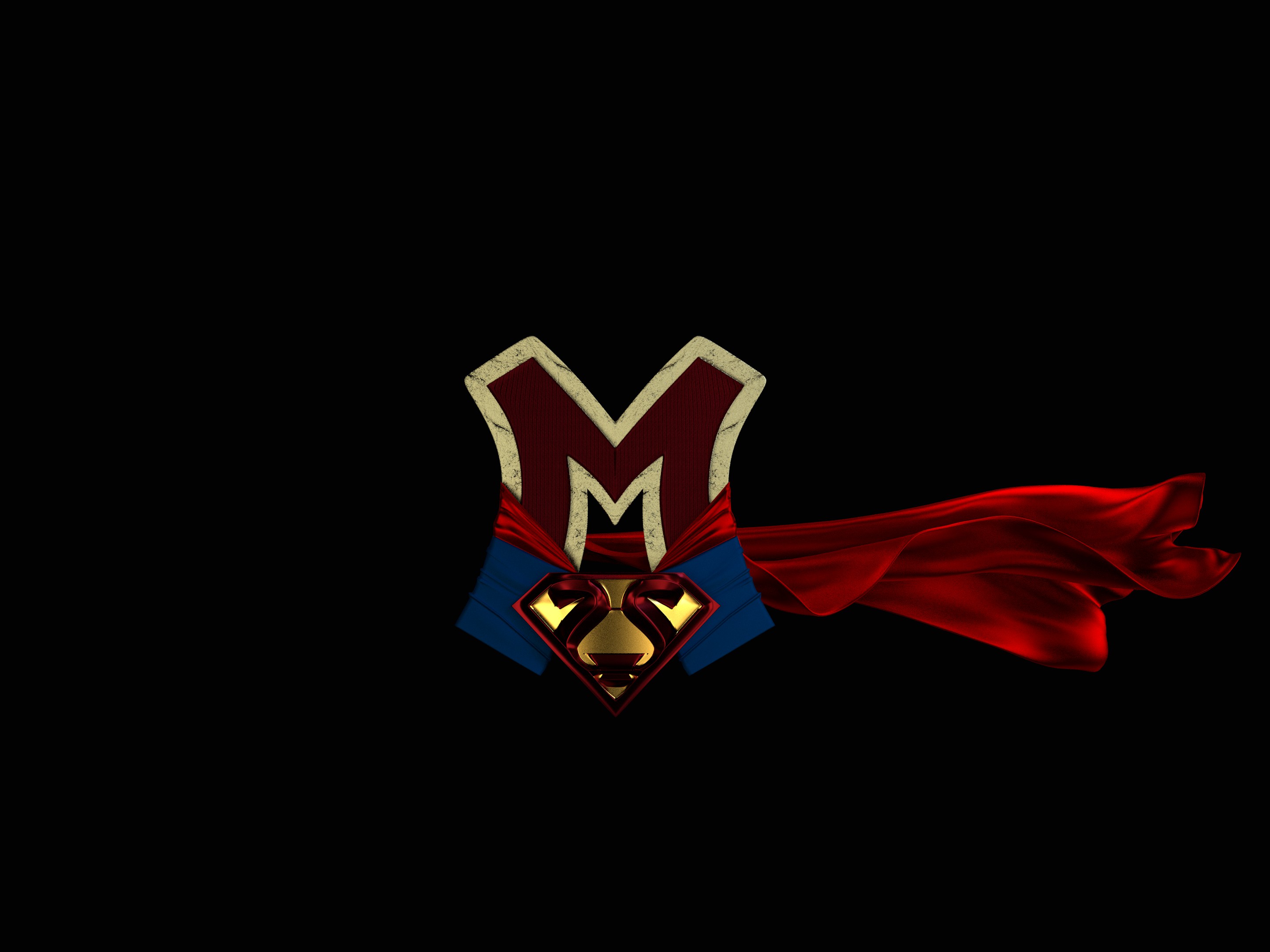 3D render of letter M squeezed into a superhero costume inspired by Superman